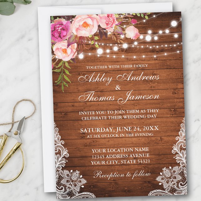 Rustic Wedding Wood Lights Floral Lace Invite (Customize to add more text or photos to back of card.)