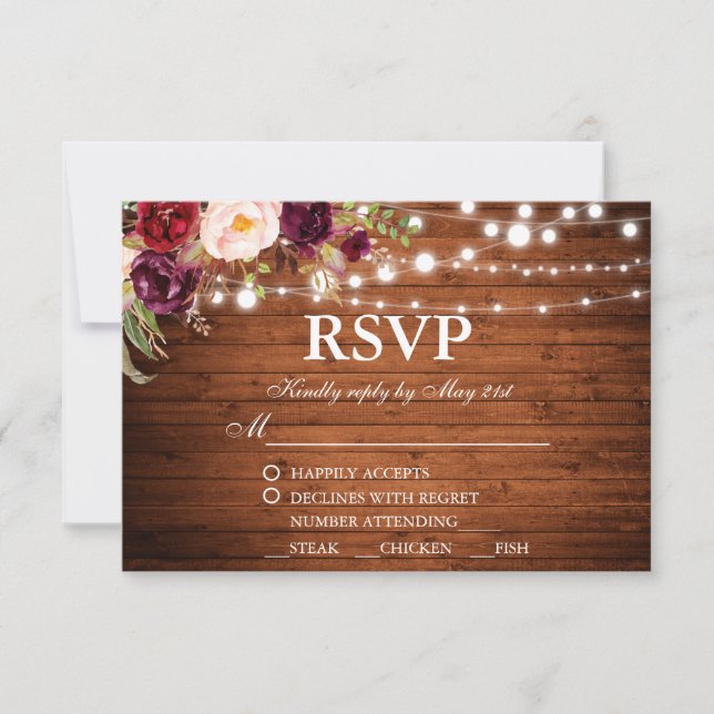 Rustic Wedding Wood Lights Floral RSVP w/Meal (Front)