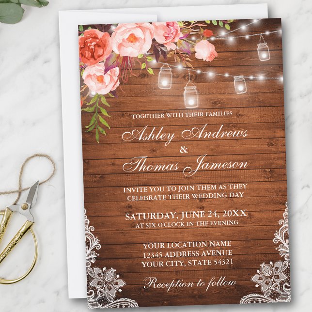 Rustic Wedding Wood Lights Jars Lace Coral Floral Invitation (Customize to add more text or photos to back of card.)