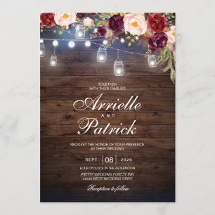 Rustic Wedding Wood Lights Lace Burgundy Floral Invitation