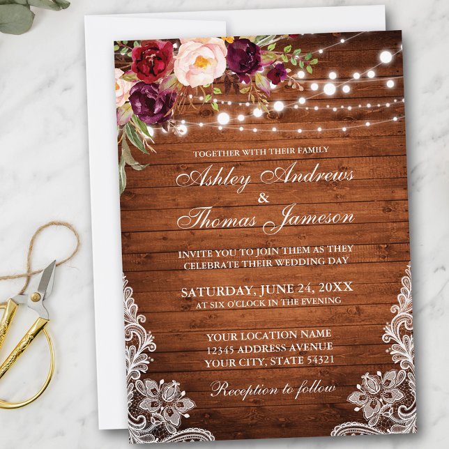 Rustic Wedding Wood Lights Lace Floral Invite (Customize to add more text or photos to back of card.)