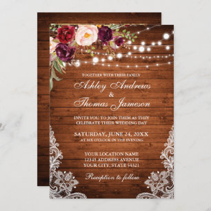 Rustic Wedding Wood Lights Lace Floral Photo Invitation