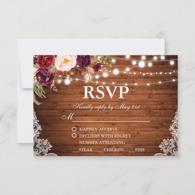 Rustic Wedding Wood Lights Lace Floral RSVP w/Meal Card (Front)