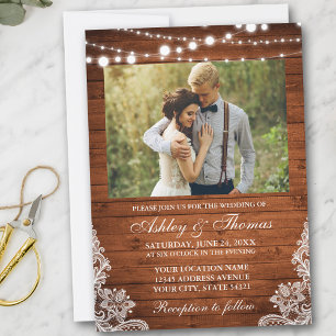 Rustic Wedding Wood Lights Lace Photo Invitation