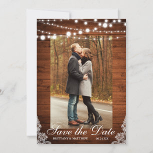 Rustic Wedding Wood Lights Lace Save the Date