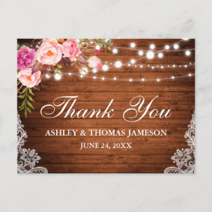Rustic Wedding Wood Pink Floral Lights Lace Postcard