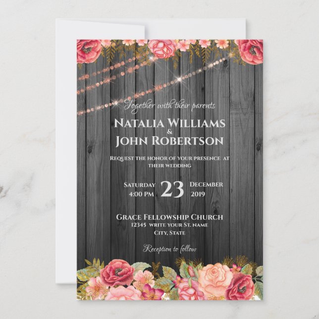 Rustic Wedding Wood Rose Lights Floral Invitation (Front)