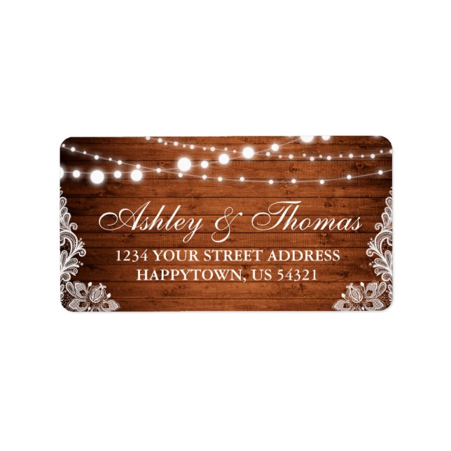 Rustic Wedding Wood String Lights Lace Address Label (Front)