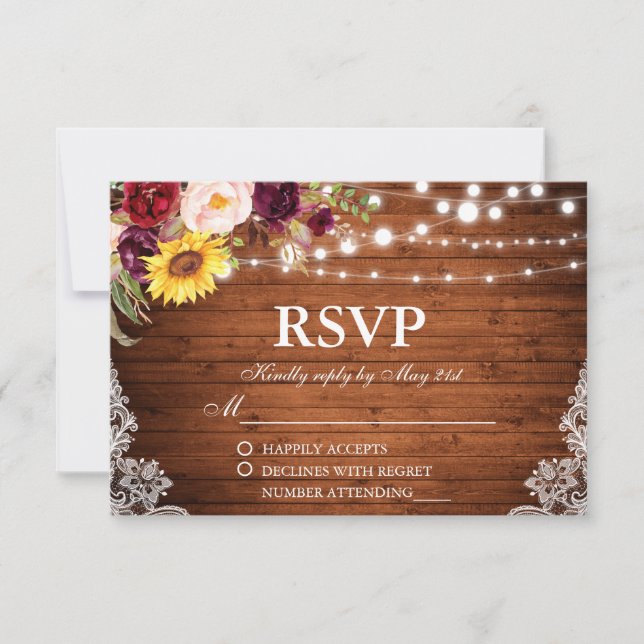 Rustic Wedding Wood String Lights Lace Floral RSVP Card (Front)