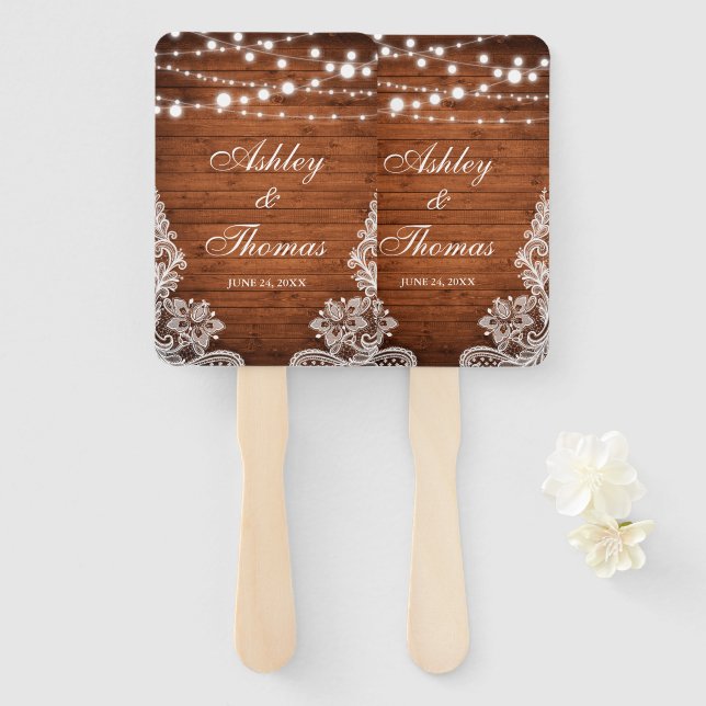 Rustic Wedding Wood String Lights Lace Hand Fan (Front and Back)