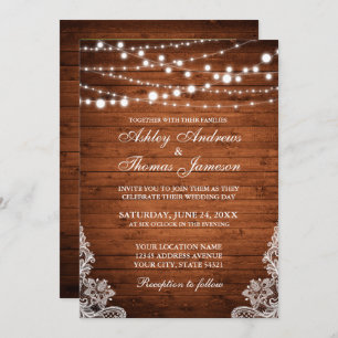 Rustic Wedding Wood String Lights Lace Invite PB