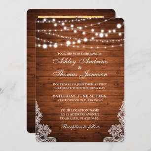 Rustic Wedding Wood String Lights Lace Invite PBR