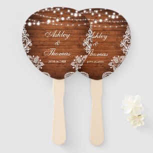 Rustic Wedding Wood String Lights Lace Paddle Hand Fan