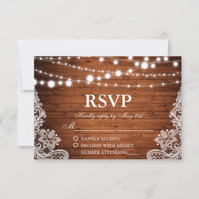 Rustic Wedding Wood String Lights Lace RSVP (Front)