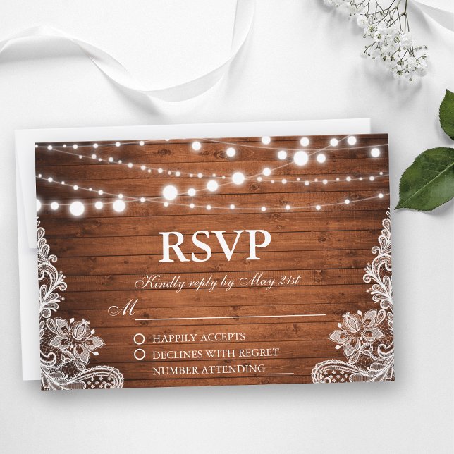 Rustic Wedding Wood String Lights Lace RSVP Card (Customize to change text size, text style or to add more text to back of card.)