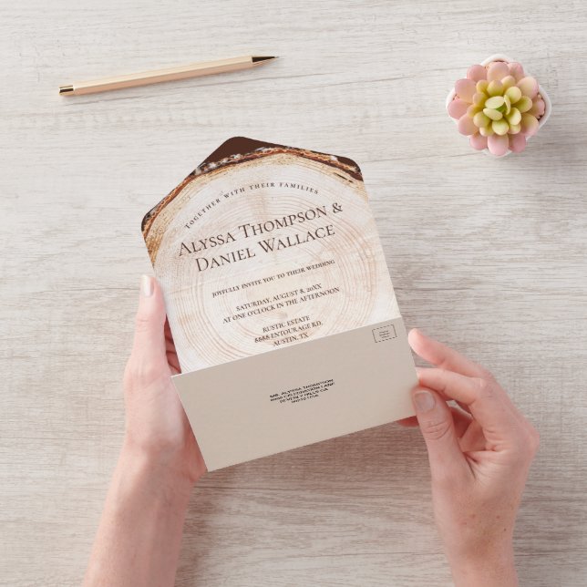 Rustic Wedding wood Tree bark rings Unique All In One Invitation (Video)