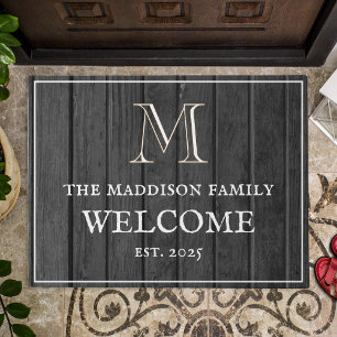 Rustic  Welcome Black Wood Family White Monogram Doormat
