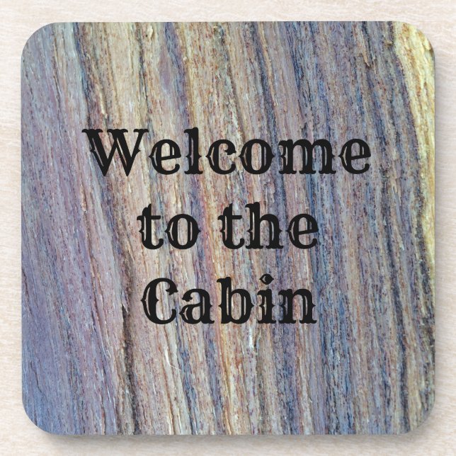 Rustic Welcome Cabin Vertical Stripe Woodgrain Coaster (Front)