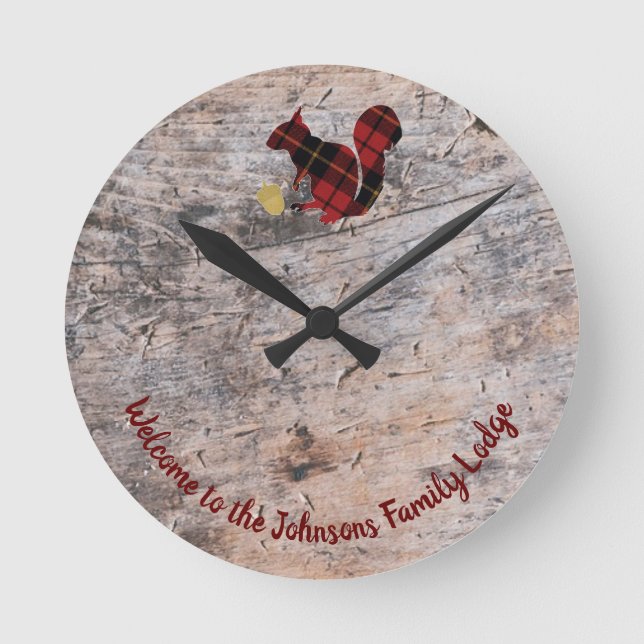 Rustic Welcome Plaid Squirrel  Round Clock (Front)