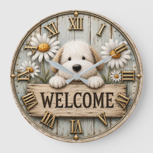 Rustic Welcome Puppy with Daisies Farmhouse Large Clock (Front)