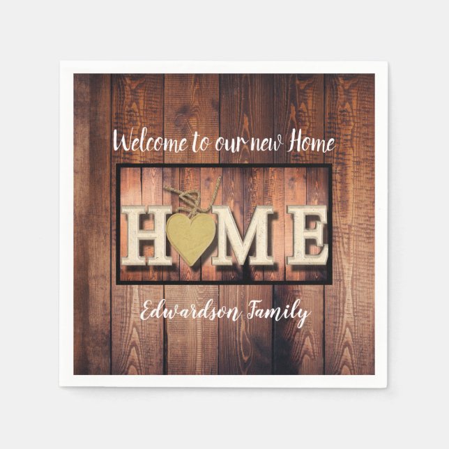 Rustic welcome to our new home family name napkin (Front)