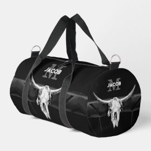 Rustic Western Black And White Bull Skull Monogram Duffle Bag
