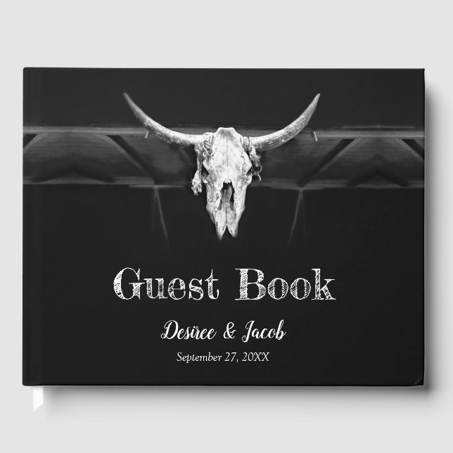Rustic Western Black And White Bull Skull Wedding Guest Book (Front)