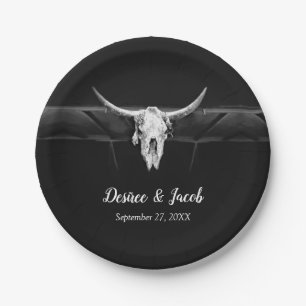 Rustic Western Black And White Bull Skull Wedding Paper Plate