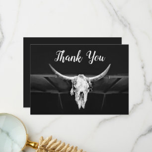 Rustic Western Black And White Bull Skull Wedding Thank You Card