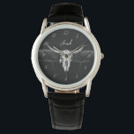 Rustic Western Black And White Bull Skull Wedding Watch<br><div class="desc">Rustic western black and white bull cow skull country cowboy wedding groom and groomsmen's gift wrist watch. Vintage antique old wild west,  farmhouse inspired. Cool,  trendy,  modern farm animal design. Customise your typography. Image copyright Marg Seregelyi Photography.</div>