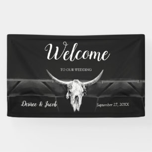 Rustic Western Black And White Bull Skull Welcome Banner