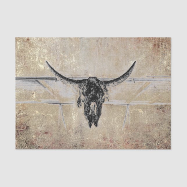 Rustic Western Black Bull Skull Sepia Texture Tissue Paper (Front)