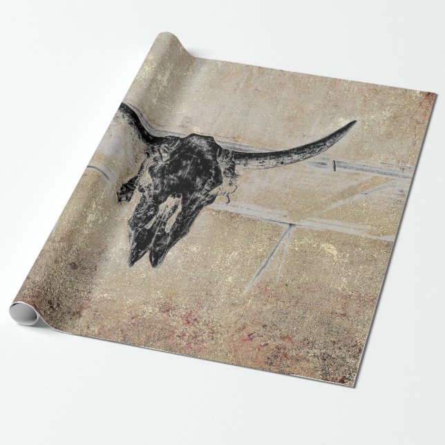 Rustic Western Black Bull Skull Sepia Texture Wrapping Paper (Unrolled)