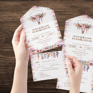 Rustic Western Boho Floral Cow Skull All In One Invitation