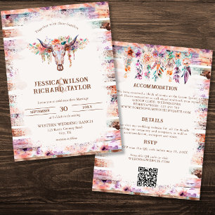 Rustic Western Boho Floral Cow Skull Invitation