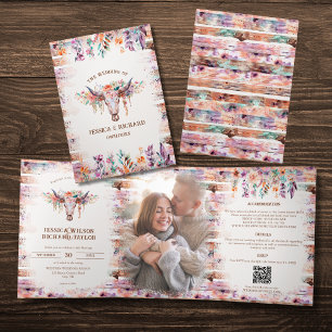 Rustic Western Boho Floral Cow Skull Tri-Fold Invitation