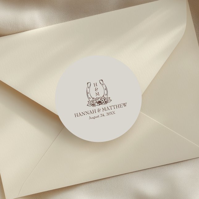 Rustic Western Boho Horseshoe Wedding  Classic Round Sticker (Creator Uploaded)