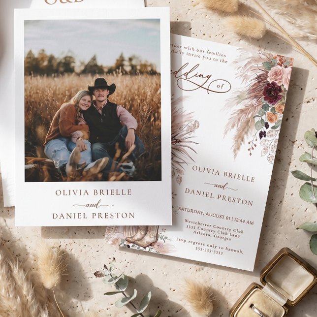 Rustic Western Boho Pampas Grass Photo Wedding Invitation (Creator Uploaded)