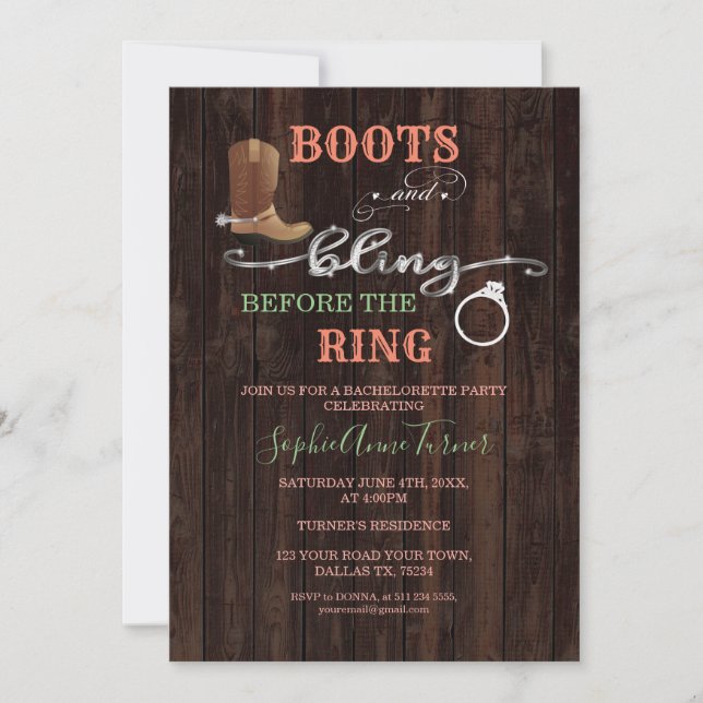 Rustic Western Boots & Bling Bachelorette Party Invitation (Front)