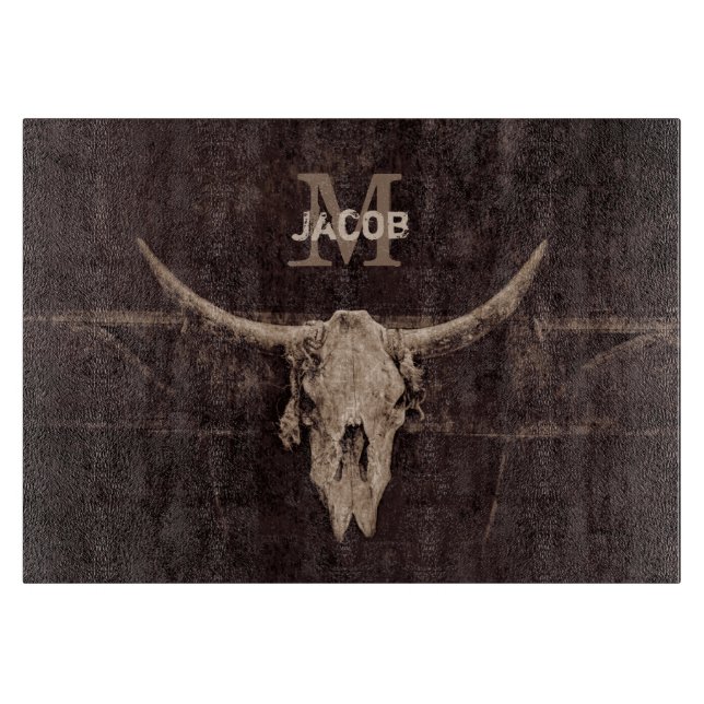 Rustic Western Brown Beige Old Bull Skull Monogram Cutting Board (Front)