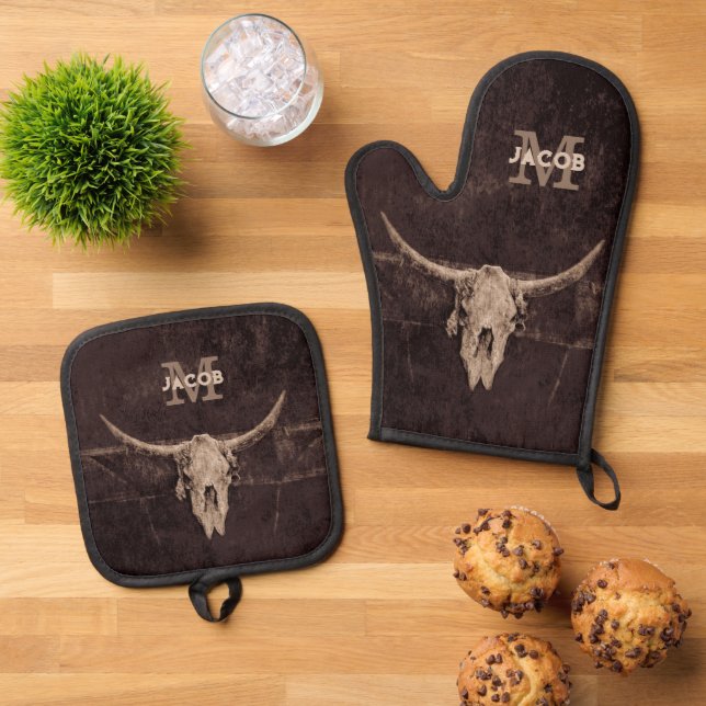 Rustic Western Brown Beige Old Bull Skull Monogram Oven Mitt & Pot Holder Set (Top Down)