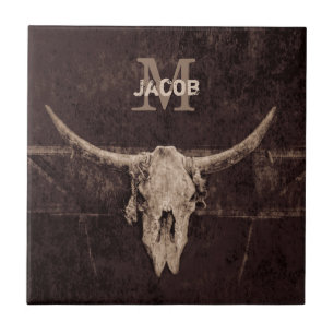 Rustic Western Brown Beige Old Bull Skull Monogram Tile