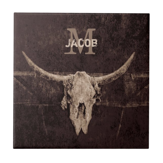 Rustic Western Brown Beige Old Bull Skull Monogram Tile (Front)