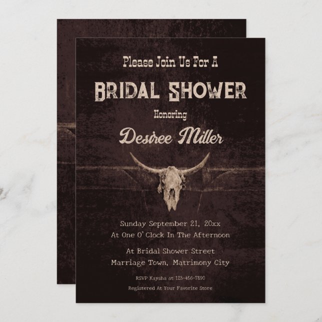 Rustic Western Brown Bull Skull Bridal Shower Announcement (Front/Back)