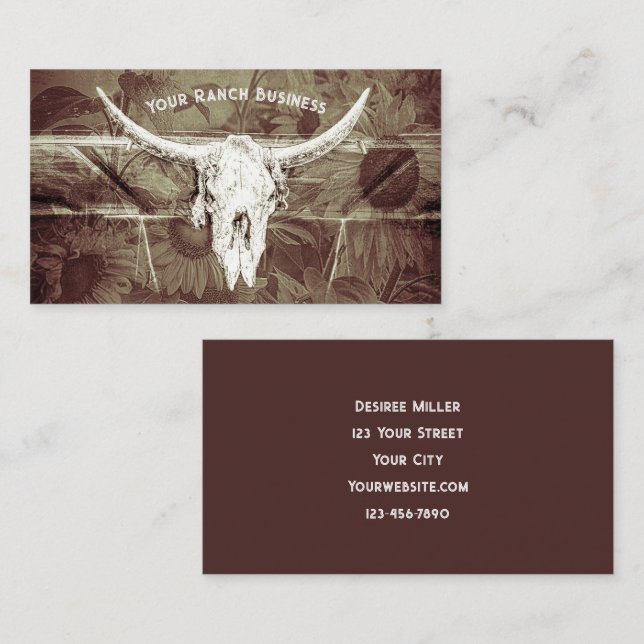 Rustic Western Brown Sunflowers Bull Skull Business Card (Front/Back)