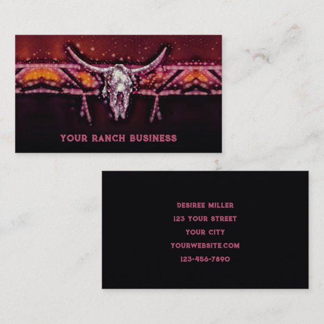 Rustic Western Bull Cow Skull Pink Tribal Country Business Card (Front/Back)