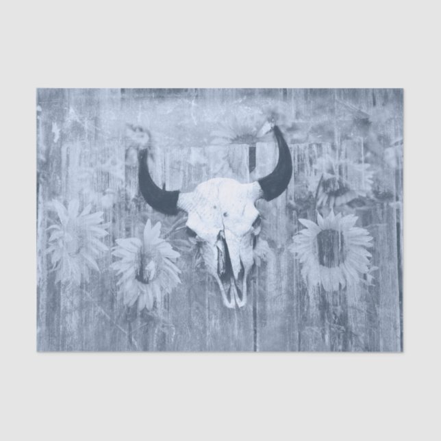Rustic Western Bull Skull Dusty Blue Sunflowers Tissue Paper (Front)