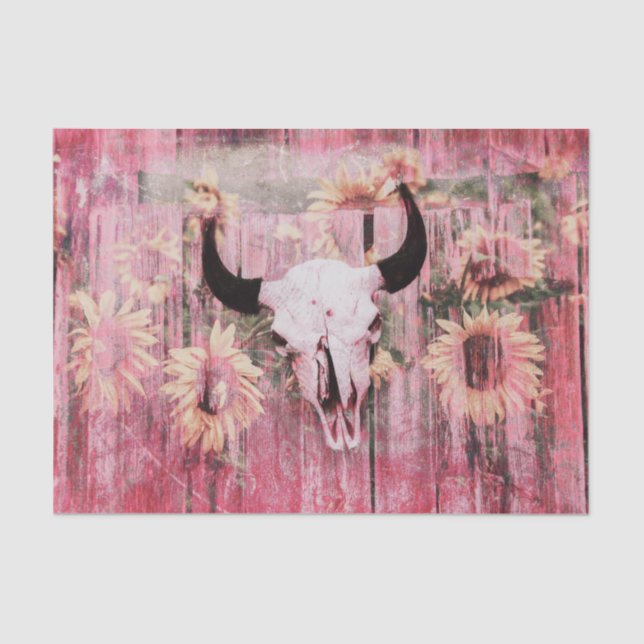 Rustic Western Bull Skull Pink Yellow Sunflowers Tissue Paper (Front)
