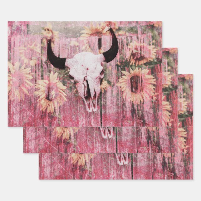 Rustic Western Bull Skull Pink Yellow Sunflowers Wrapping Paper Sheet (Set)