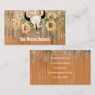Rustic Western Bull Skull Sunflowers Wood Texture Business Card